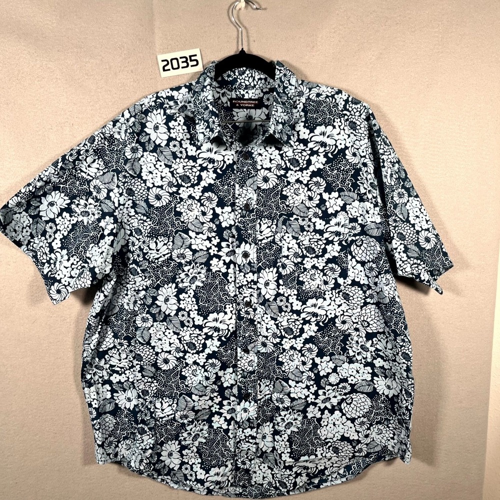 Roundtree & Yorke Shirt Mens XL Blue Floral Cotton Short Sleeve‎ Casual Hawaiian